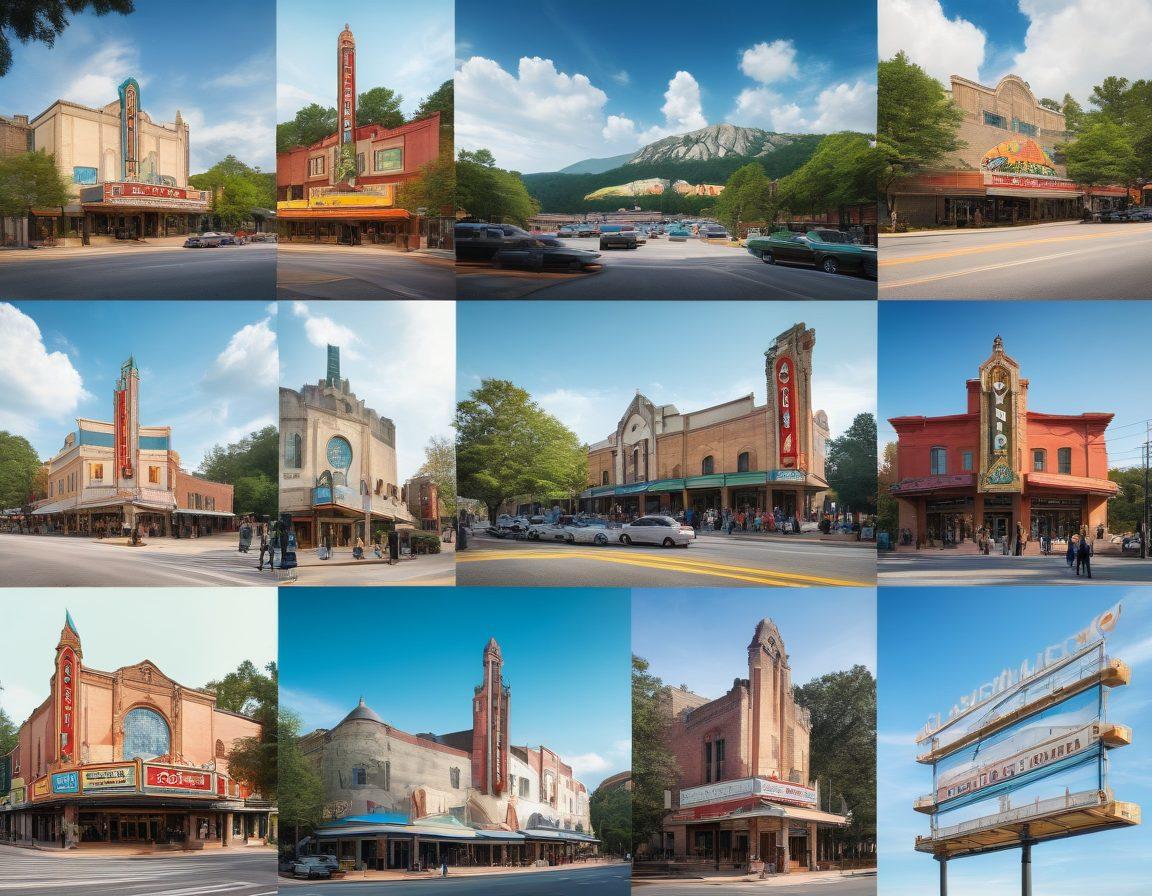 A vibrant collage showcasing iconic Georgia landmarks like the Fox Theatre and Stone Mountain, interspersed with lively event scenes such as festivals, food fairs, and cultural gatherings. Incorporate articles on local lifestyle, featuring elements like coffee shops and outdoor activities, with warm colors to reflect a welcoming community vibe. The background should have a subtle blend of blue skies and green landscapes, symbolizing connectivity. super-realistic. vibrant colors. 3D.
