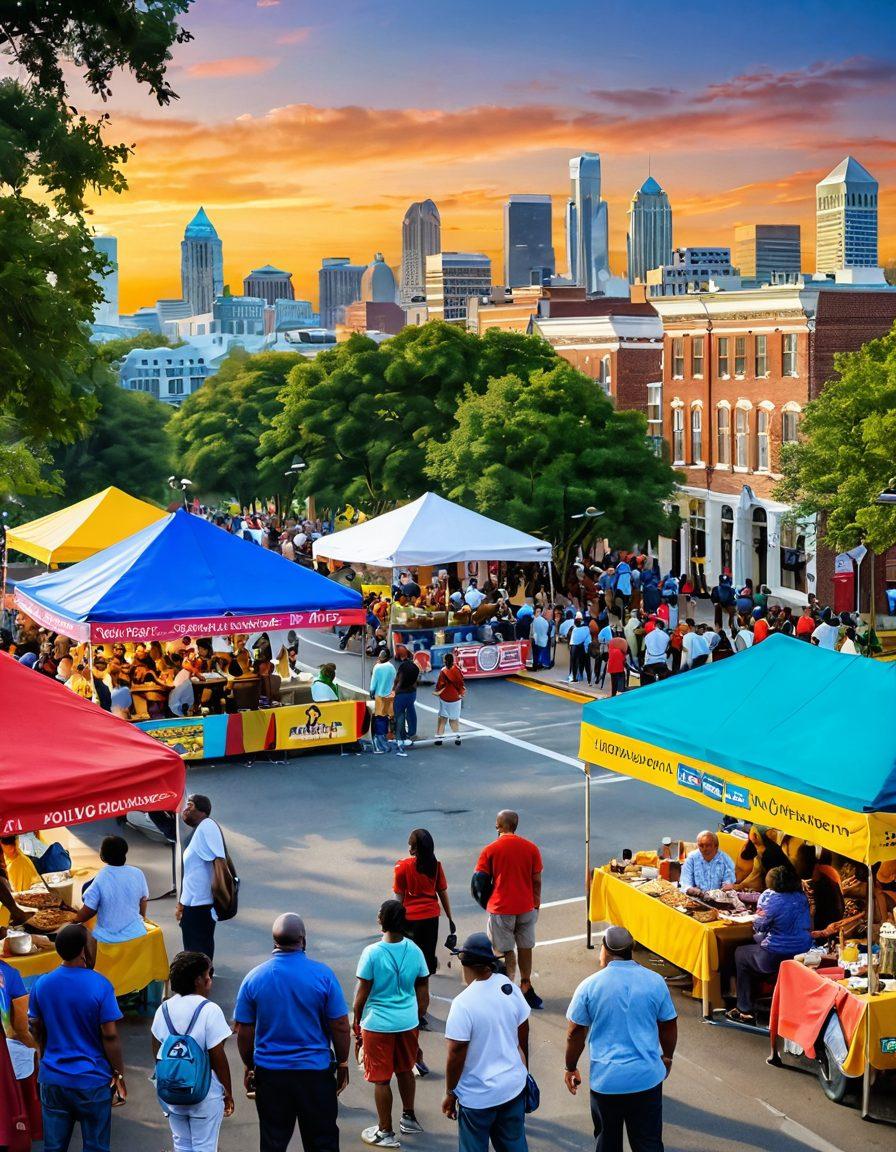 A vibrant community gathering showcasing diverse people engaging in various activities, including storytelling, meetings, and events. Highlight Georgia’s iconic landmarks in the background with colorful banners representing local stories and cultures. Incorporate elements like food stalls, musicians, and art displays that capture the essence of unity and celebration. The scene should exude warmth and connection among community members. super-realistic. vibrant colors. 3D.