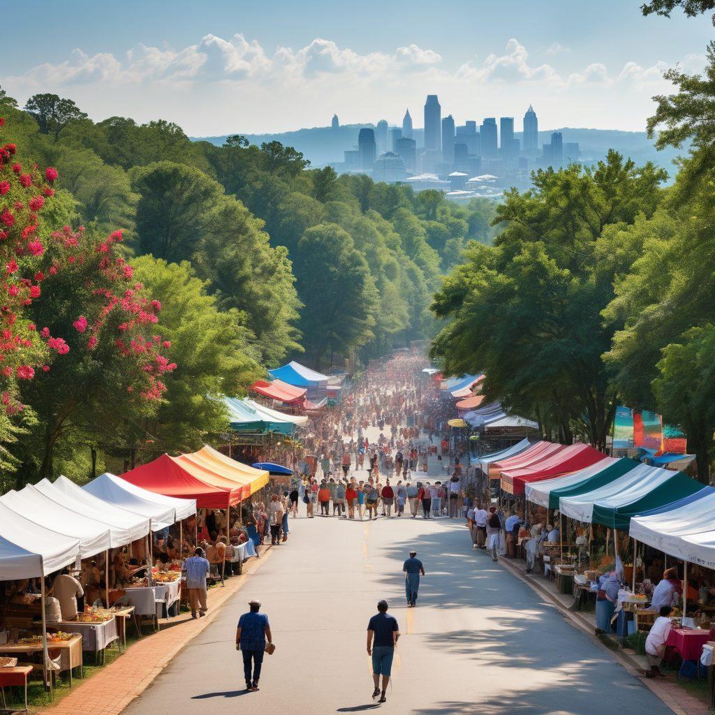 A picturesque landscape of Georgia showcasing its vibrant community life, with smiling people attending local events in a park surrounded by lush greenery and blooming flowers. Iconic Georgian landmarks like the Stone Mountain and the Atlanta skyline can be seen in the background, with colorful event banners fluttering in the breeze. Include a lively market scene with food stalls, artists, and musicians to reflect the cultural richness of the state. vibrant colors. super-realistic. 3D.